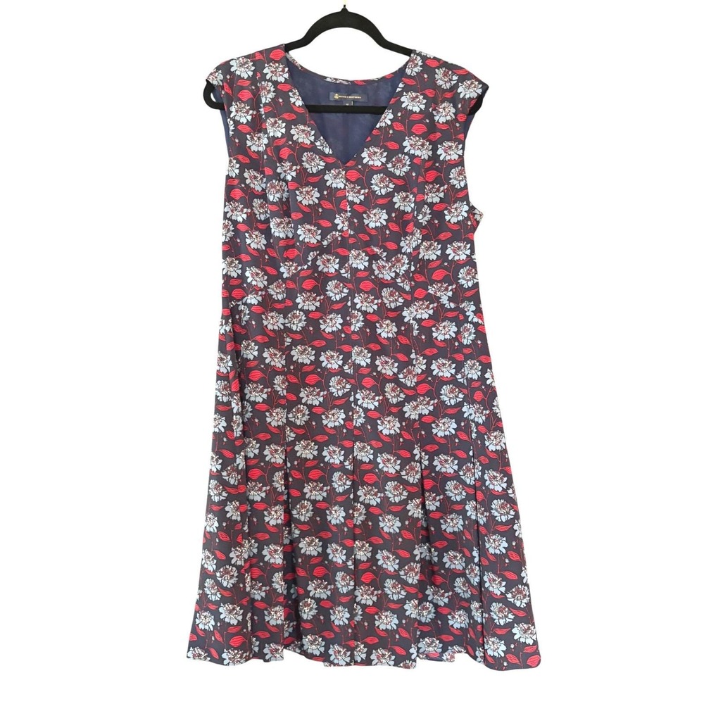$229 Brooks Brothers Navy Blue Floral V-Neck Pleated A-Line Dress Sz 14 Cottage